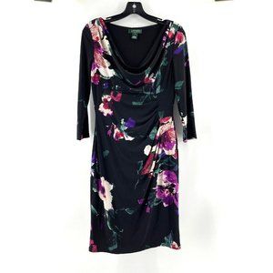 Ralph Lauren Women's Black Floral Long Sleeve Stretch Cocktail Party Dress Sz 6